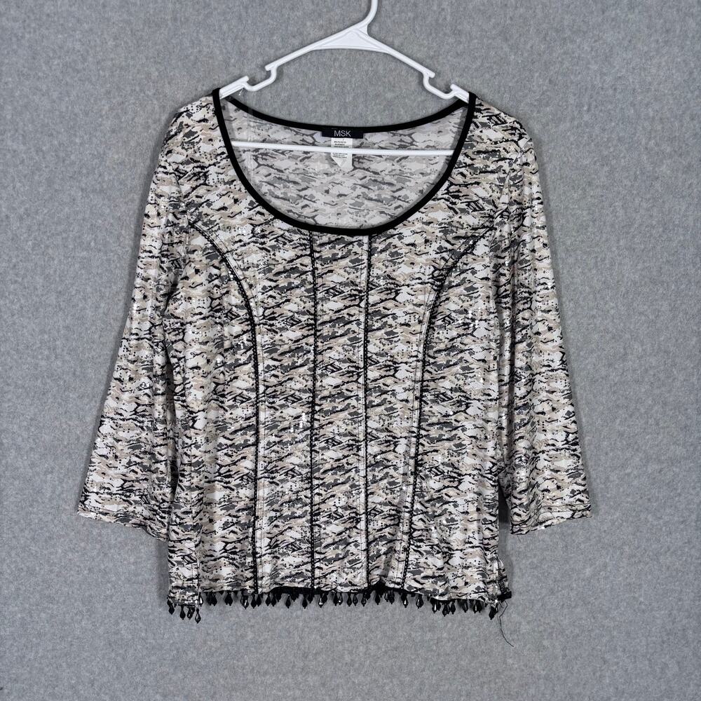 MSK Top Large Crochet Beaded Sparkle Shiny‎ Stretch Artsy Embellished Neutral